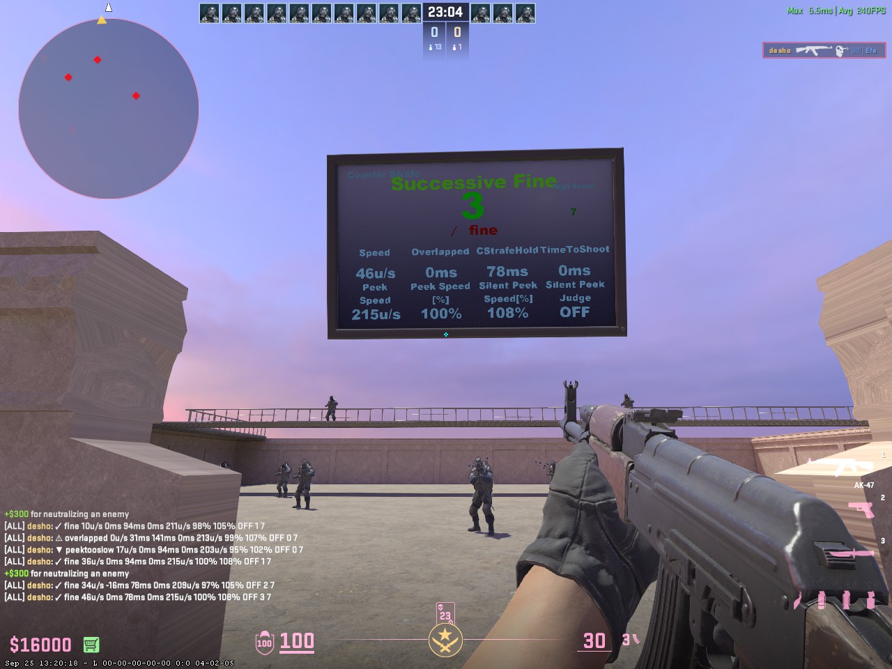 aim_D workshop map in CS2 with the on-screen stopping accuracy readout