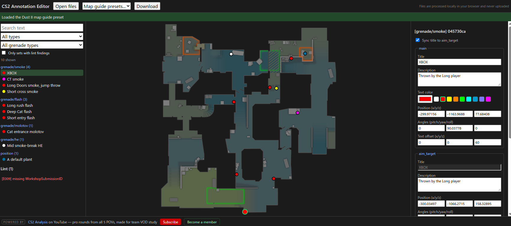 CS2 Annotation Editor showing grenade lineups plotted on a radar map
